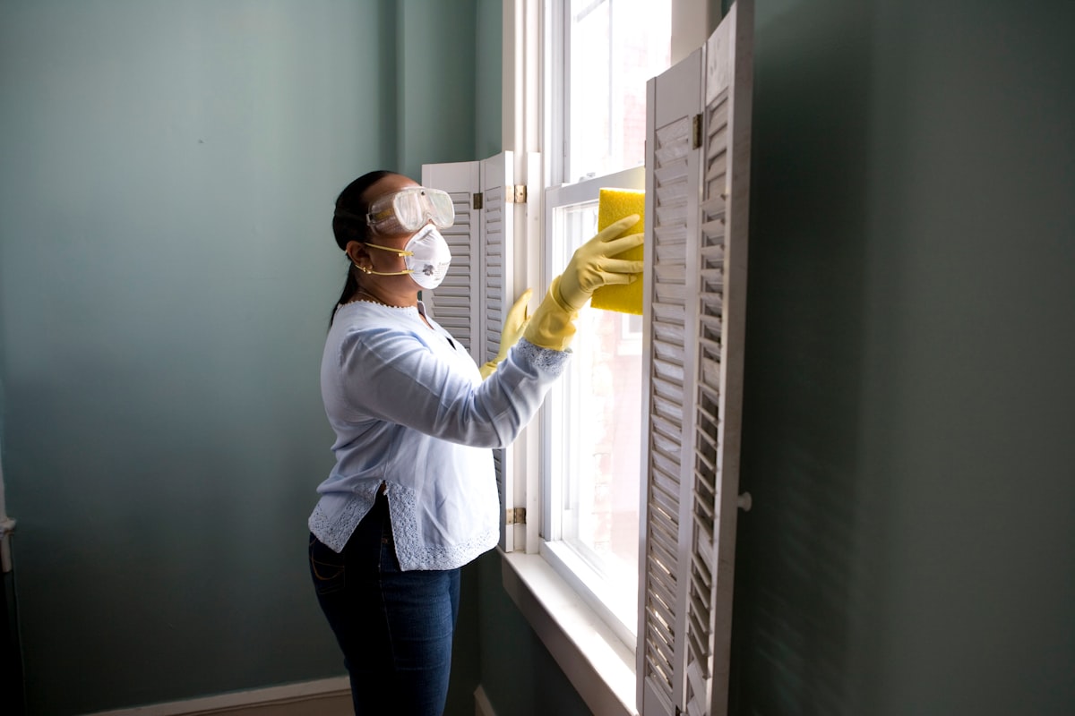 A professional cleaner working in a bright modern interior